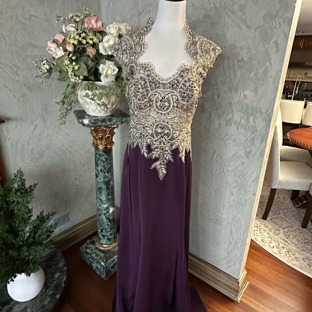 Anny Lee Ornate Cream and Deep Purple Prom Dress